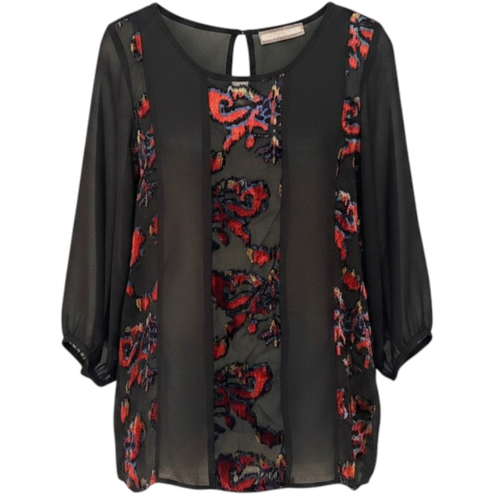 Addie Black Velvet Floral Burnout Sheer Boho Blouse‎ Women's Large Black Dainty